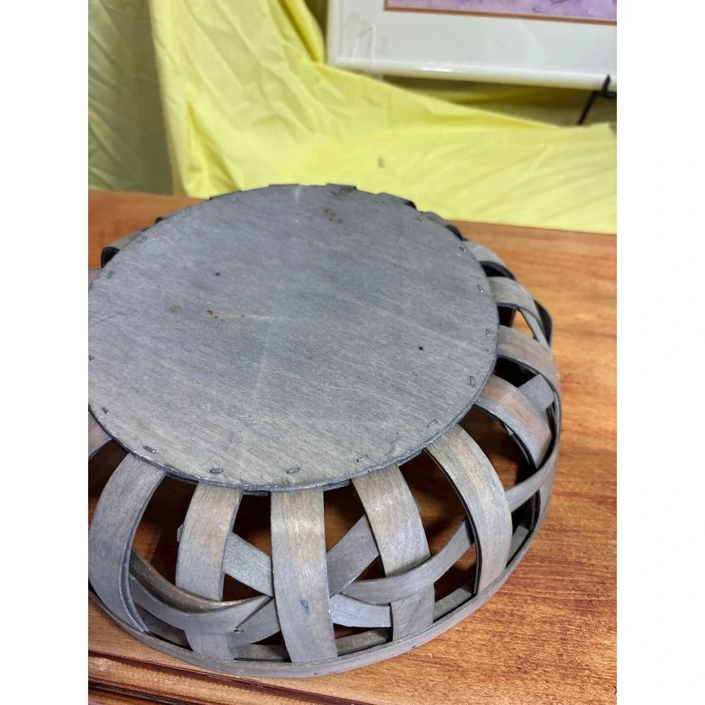 Rustic Gray Round Wooden Tobacco Basket Farmhouse Centerpiece Bowl 11in